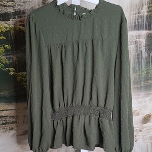 NWT! Missky Womens XXL Olive Green Swiss Dot Long Sleeve Ruffle Blouse